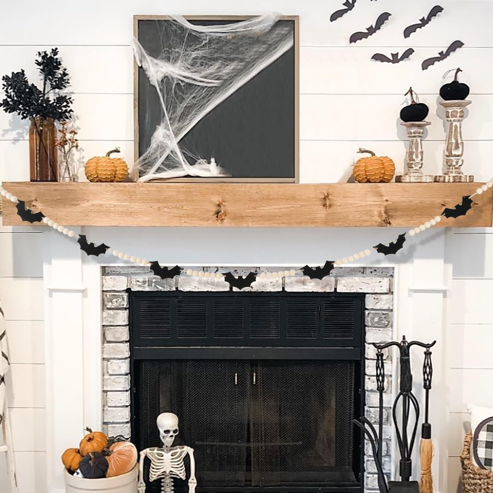 Black Felt Bat & Wood Bead Garland 🎃 – 5ft Rustic Halloween Mantel Banner for Spooky Home Décor