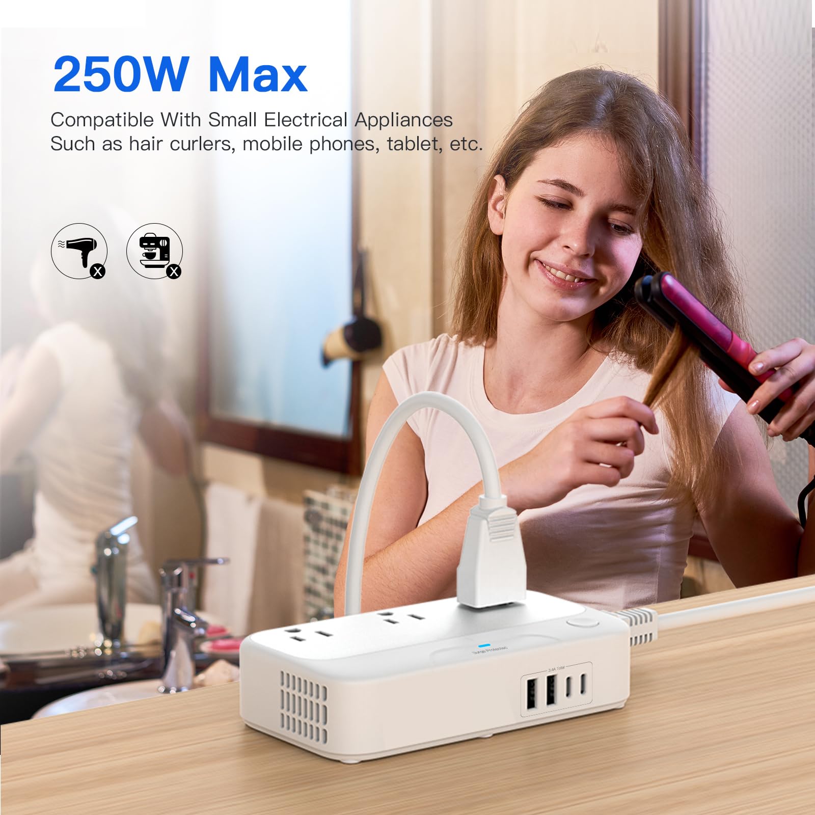 250W Universal Voltage Converter – US to Europe 220V to 110V Travel Power Converter with Worldwide Plug Set (White)