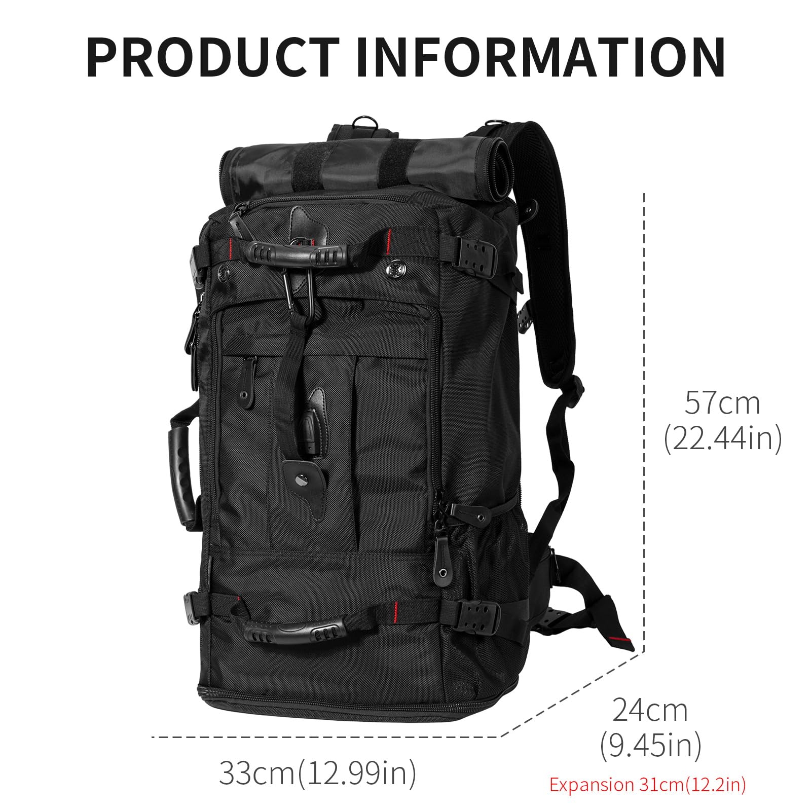 Youmian 60L Expandable Travel Backpack Convertible Duffle Bag with Laptop Compartment – Black