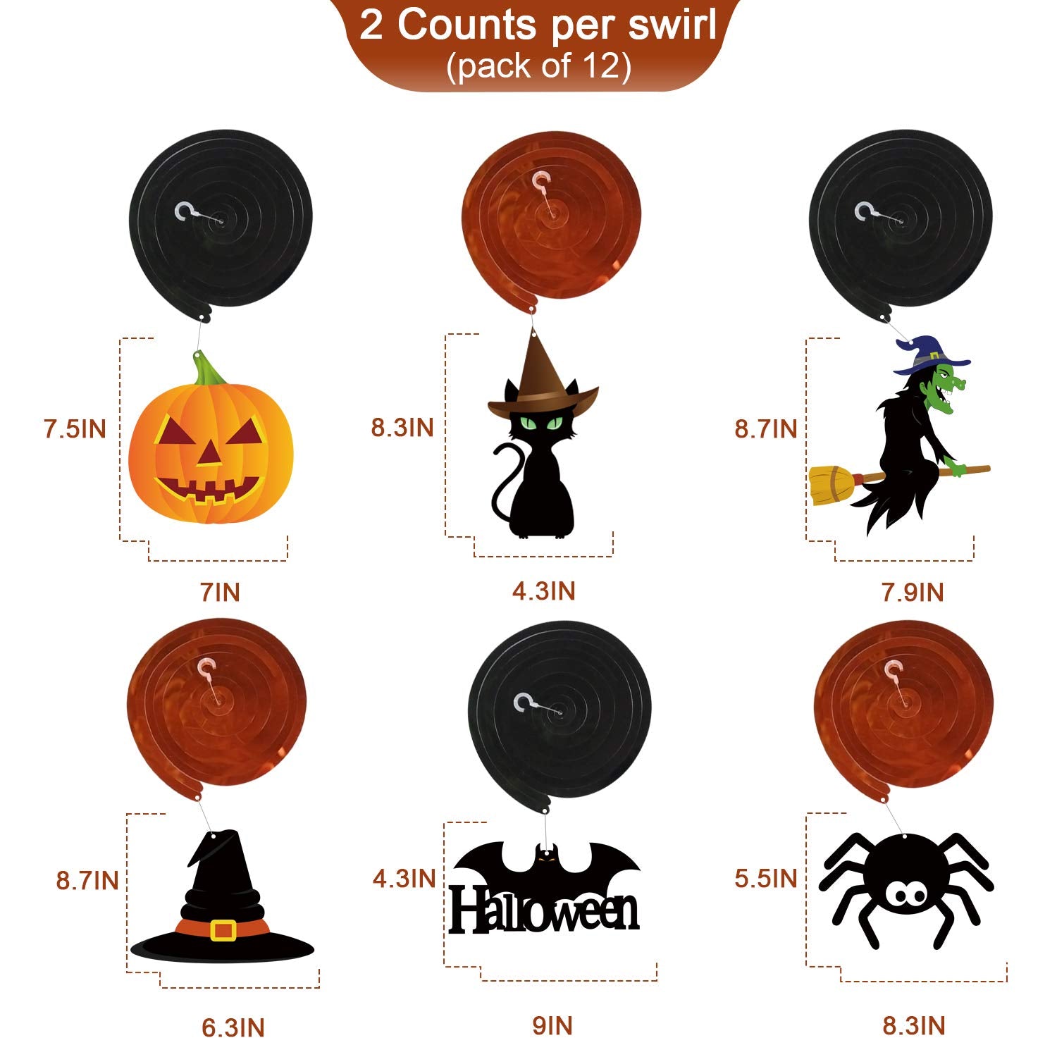 Halloween Hanging Swirl Decorations – 36 Pack Pre-Assembled Ceiling & Wall Party Décor with Bats, Ghosts, Skulls & Pumpkins (Black)