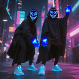 Halloween LED Light-Up Costume Set – Blue Purge Skeleton Mask, Glow Gloves, Shoelaces & Hooded Cloak for Kids & Adults