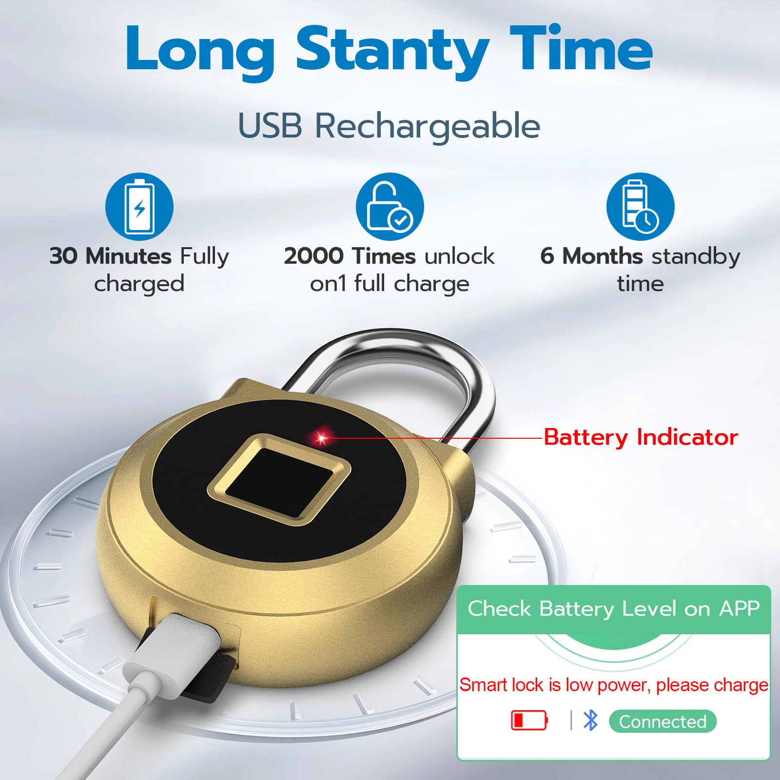Bluetooth Fingerprint Smart Padlock, USB Rechargeable Biometric Security Lock for Gym Locker, Bags, Cabinets & Travel