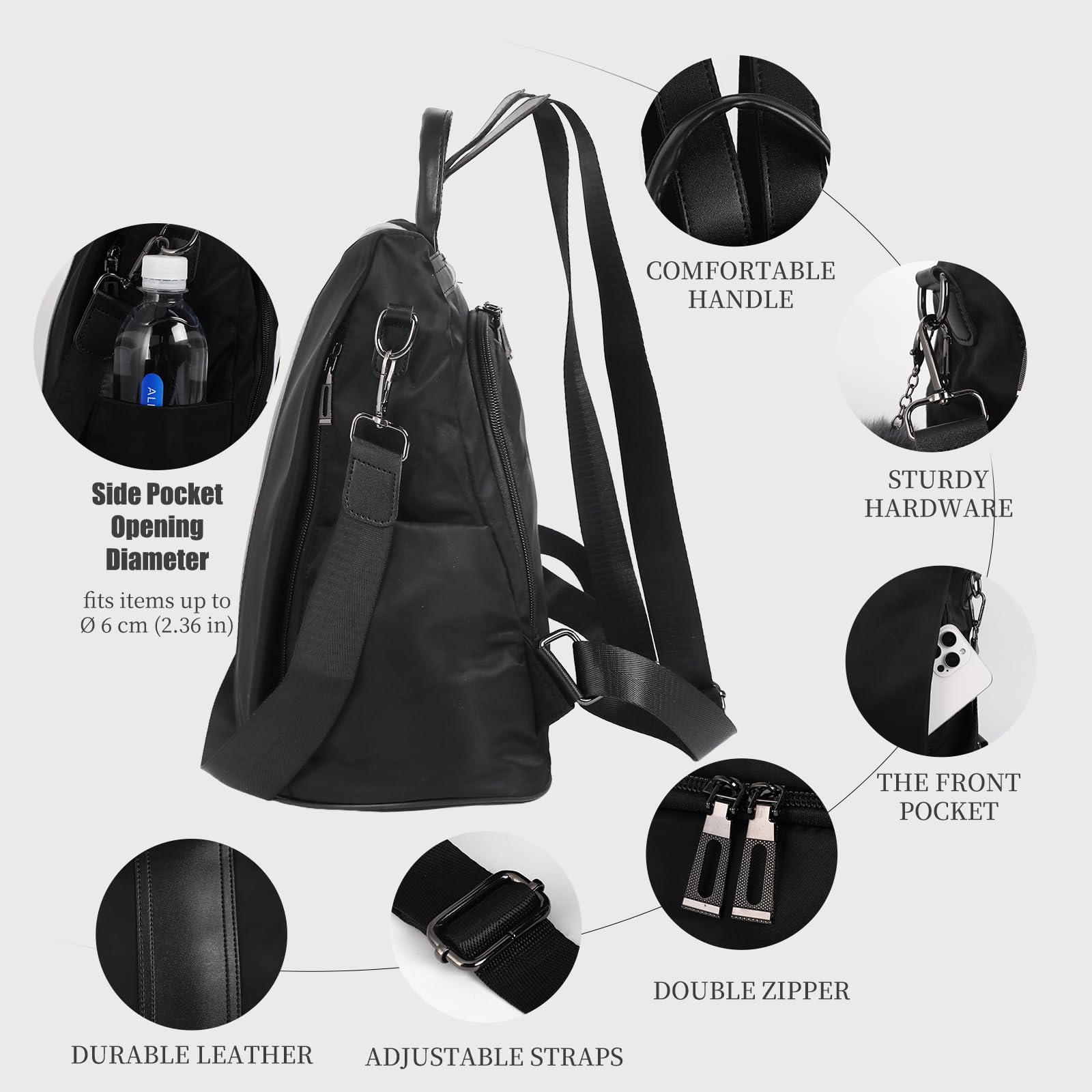 PINCNEL Women’s Anti-Theft Backpack Purse – Waterproof Nylon & PU Leather Lightweight Travel Rucksack with Adjustable Straps (Black)