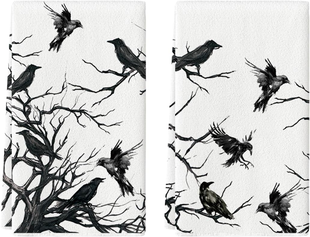 Black & White Halloween Kitchen Dish Towels – Set of 2 Stylish 18x26” Absorbent Tea Towels by Artoid Mode