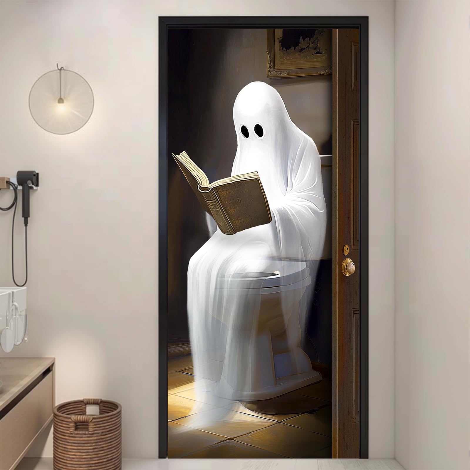 Halloween Decorations Door Cover Indoor, Large Funny Reading Ghost Halloween Door Banner Bathroom Porch Door Decor for Parties, Inside Outdoor Party Backdrop Decoration, 35x78 Inch