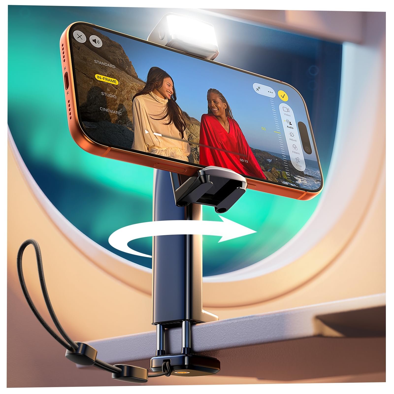 LISEN Airplane Phone Holder Stand with Adjustable Light & Universal Clip – Pocket Size Travel Phone Mount Black