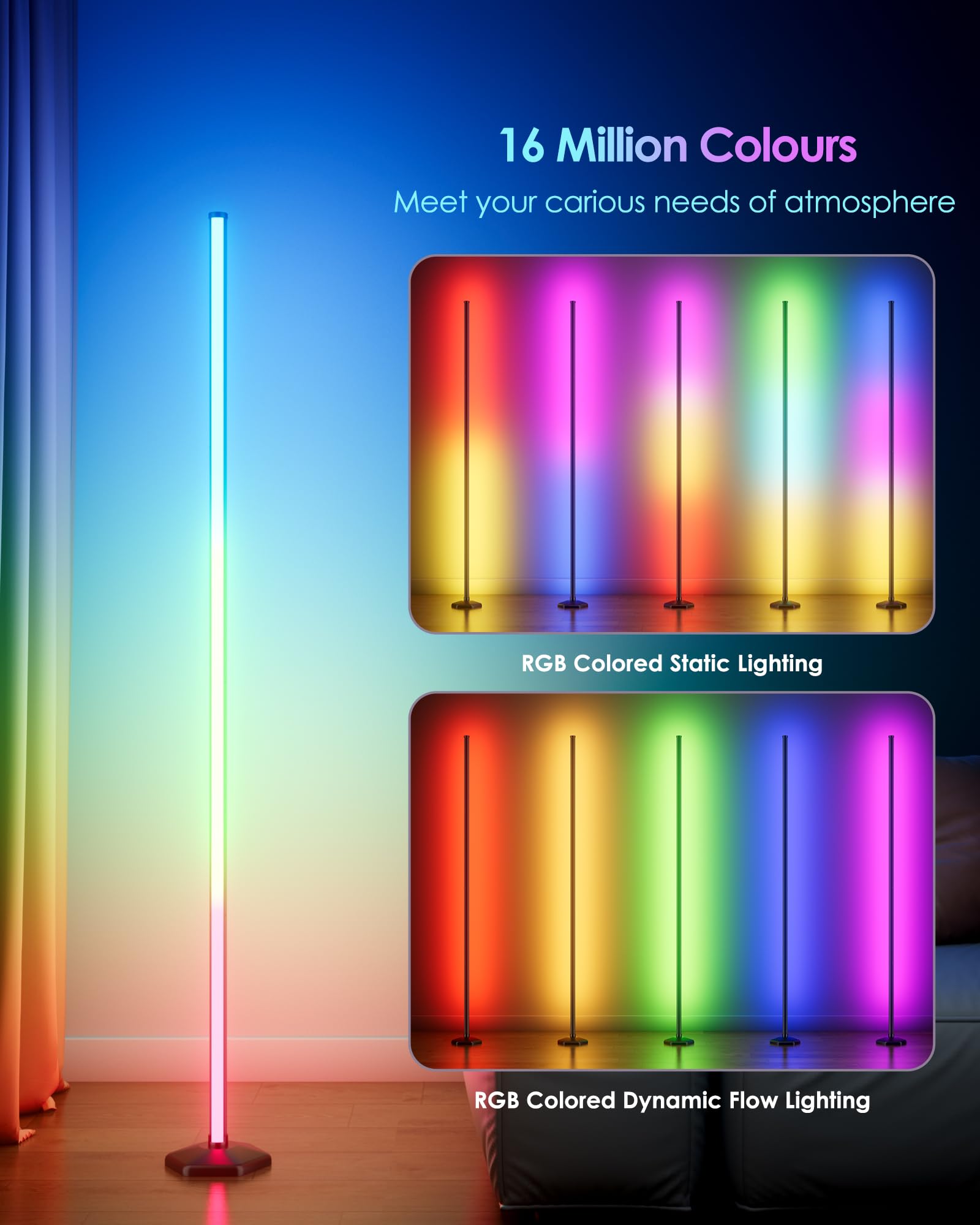 RGB+IC Smart Corner Floor Lamps (2PCS Set) – 65” Dynamic LED Ambient Lighting with App & Music Sync – Black