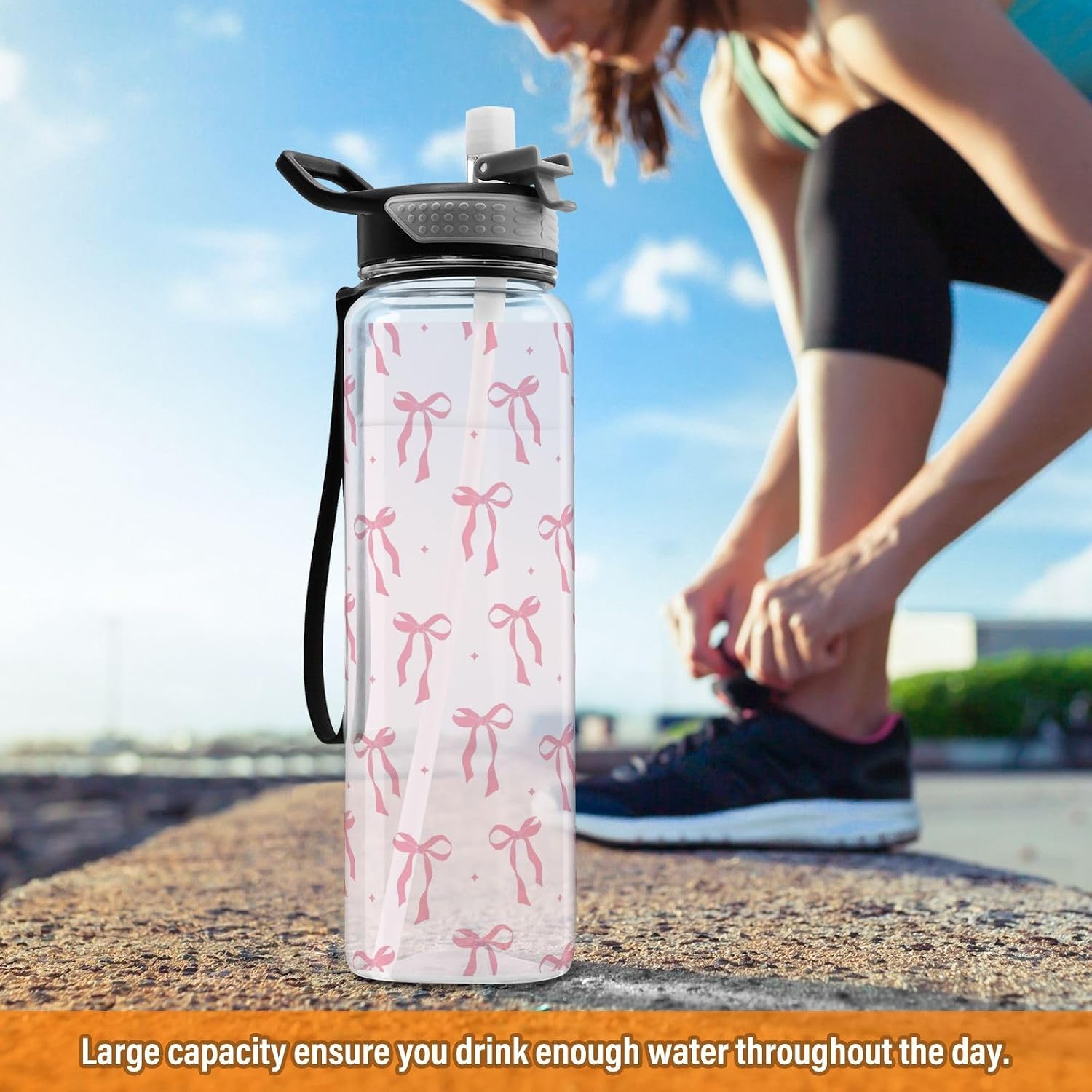 32 oz Clear Bow Tritan Water Bottle with Straw and Carry Strap