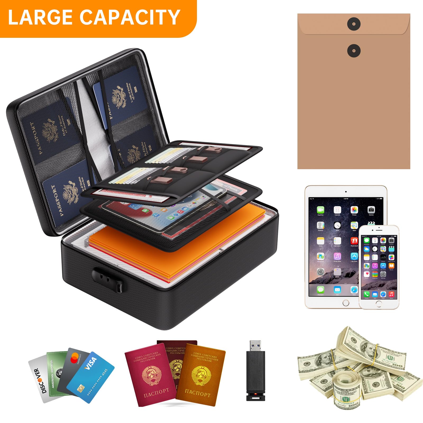 DocSafe 5200°F Fireproof Document Organizer with Lock – Portable Water-Resistant File Storage Box for Home & Travel (Black)