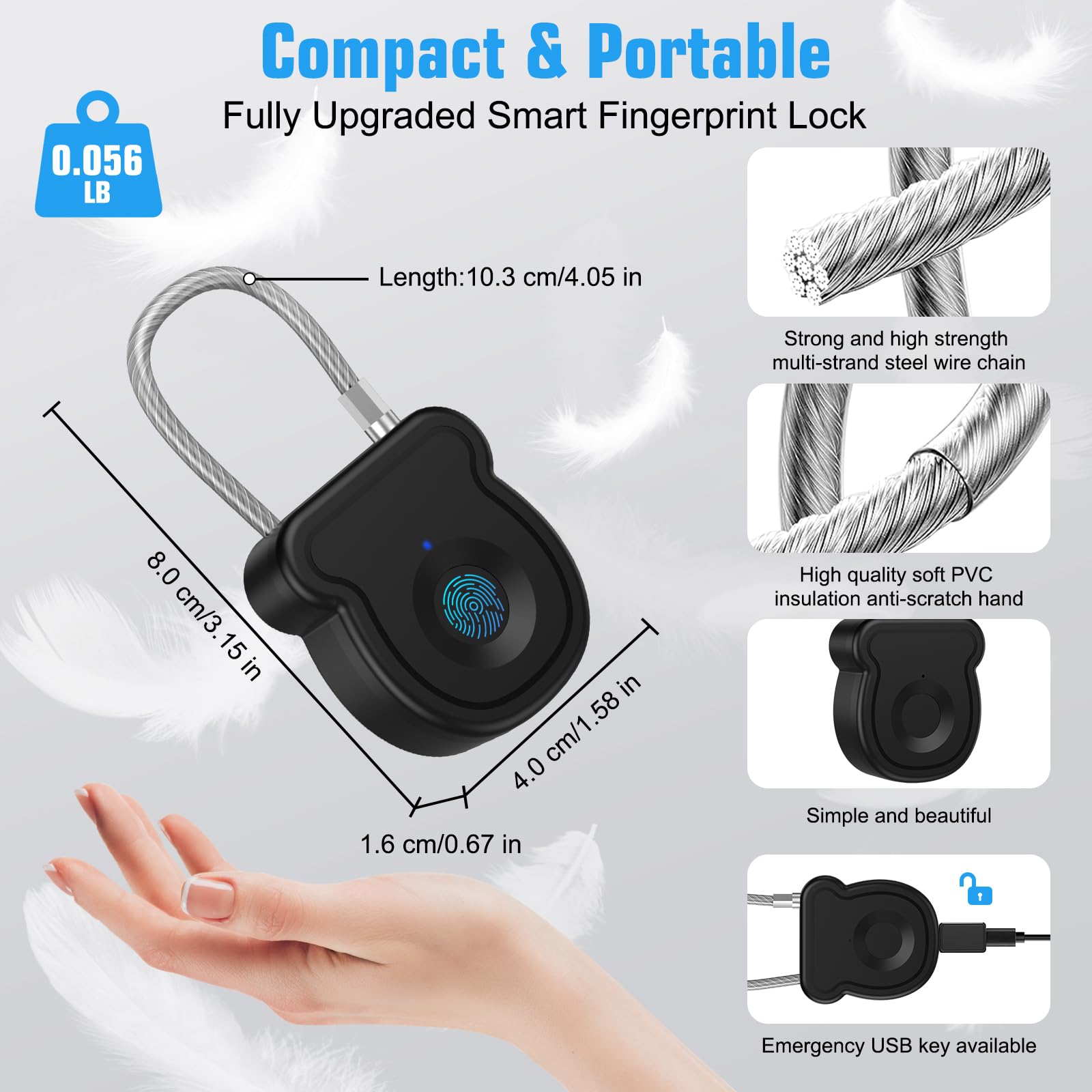 Larimuer Fingerprint Smart Padlock with Flexible Steel Cable, USB Rechargeable Biometric Lock for Gym, Travel & Personal Storage
