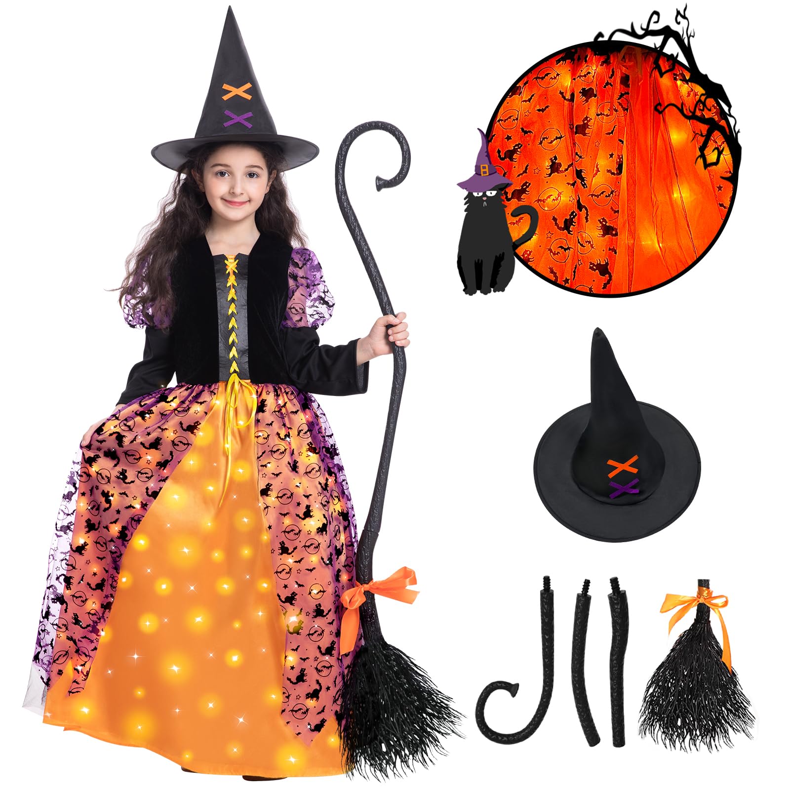 Purple Light-Up Witch Costume for Girls with Hat & Broom – LED Halloween Cosplay Outfit
