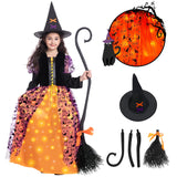 Purple Light-Up Witch Costume for Girls with Hat & Broom – LED Halloween Cosplay Outfit