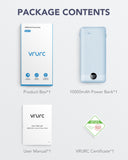 VRURC 10000mAh Portable Power Bank – Built-in Cables & AC Wall Plug, Compact Travel Charger with LED Display (Blue)