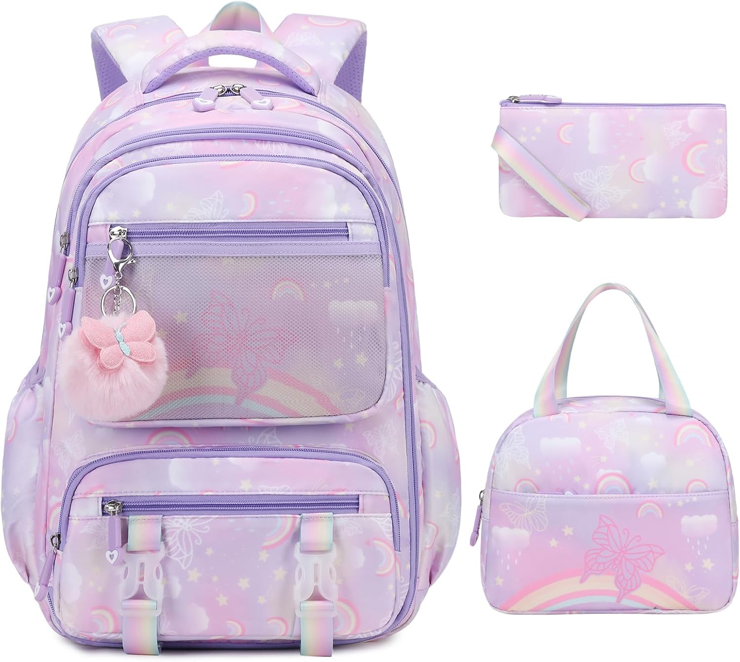 Rainbow Butterfly Backpack for Girls with Lunch Bag & Pencil Case Set, Kids School Backpack for Kindergarten, Elementary & Middle School Students