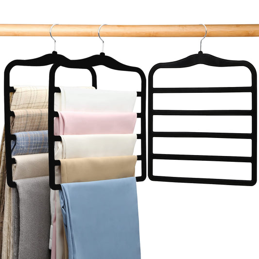 Space-Saving Velvet Pants Hangers (3-Pack) – 5-Tier Non-Slip Closet Organizer for Jeans, Pants, Scarves & Ties (Black)