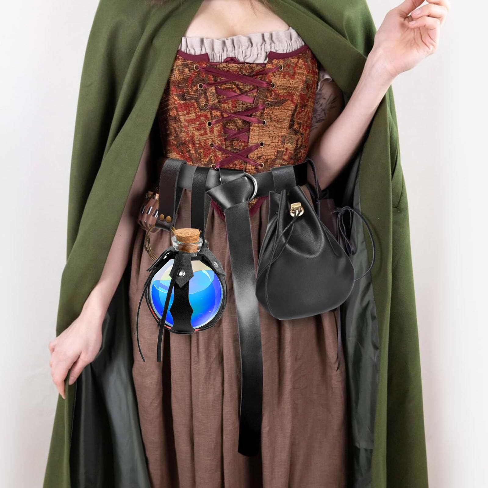Renaissance Belt Pouch & Magic Potion Bottle Set – Medieval Leather Belt with Coin Purse & Keyring ⚔️✨