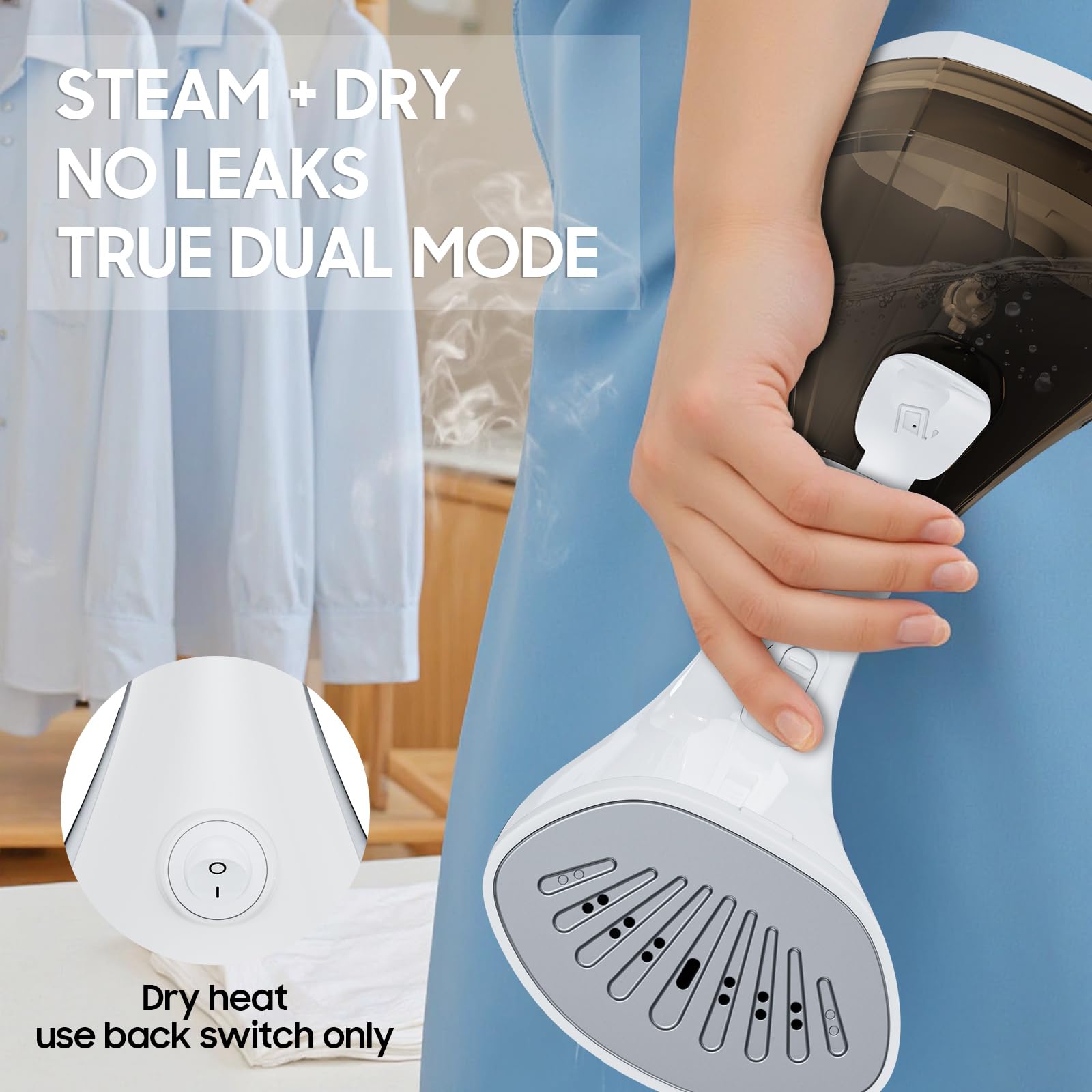2-in-1 Handheld Garment Steamer Iron 1200W Fast Heat Portable Wrinkle Remover with Leak-Proof Design