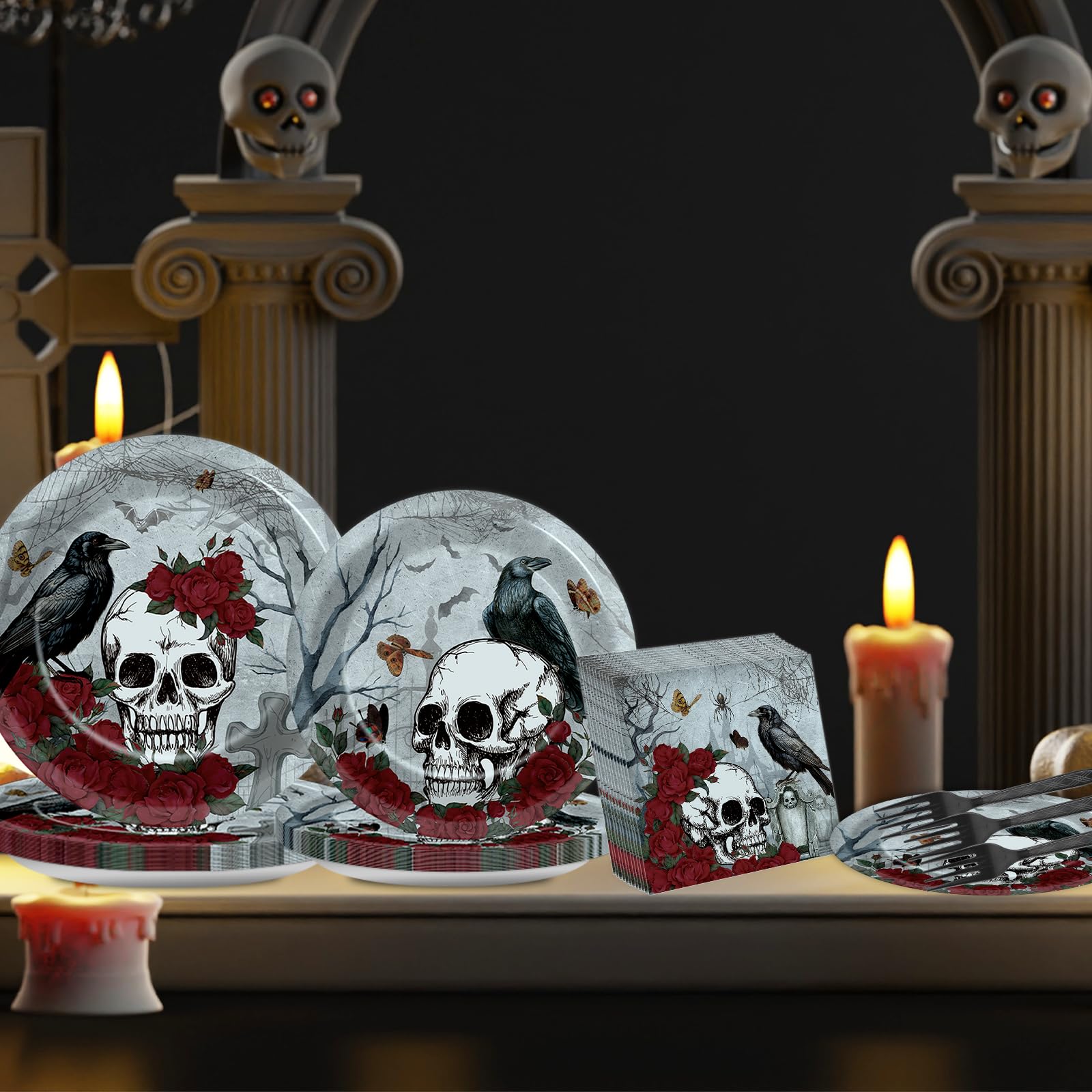 Halloween Gothic Tableware Set – 96 Pcs Plates, Napkins & Forks with Skull, Rose & Crow Design