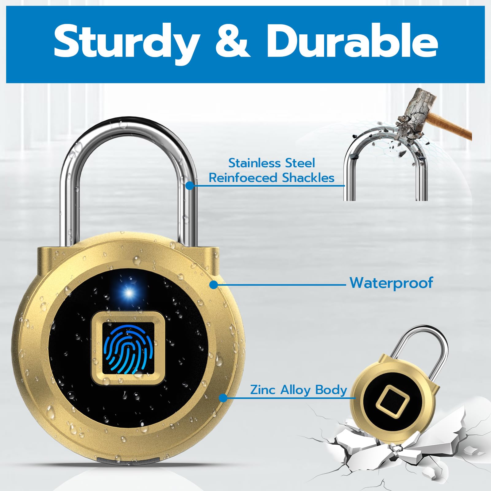 Bluetooth Fingerprint Smart Padlock, USB Rechargeable Biometric Security Lock for Gym Locker, Bags, Cabinets & Travel