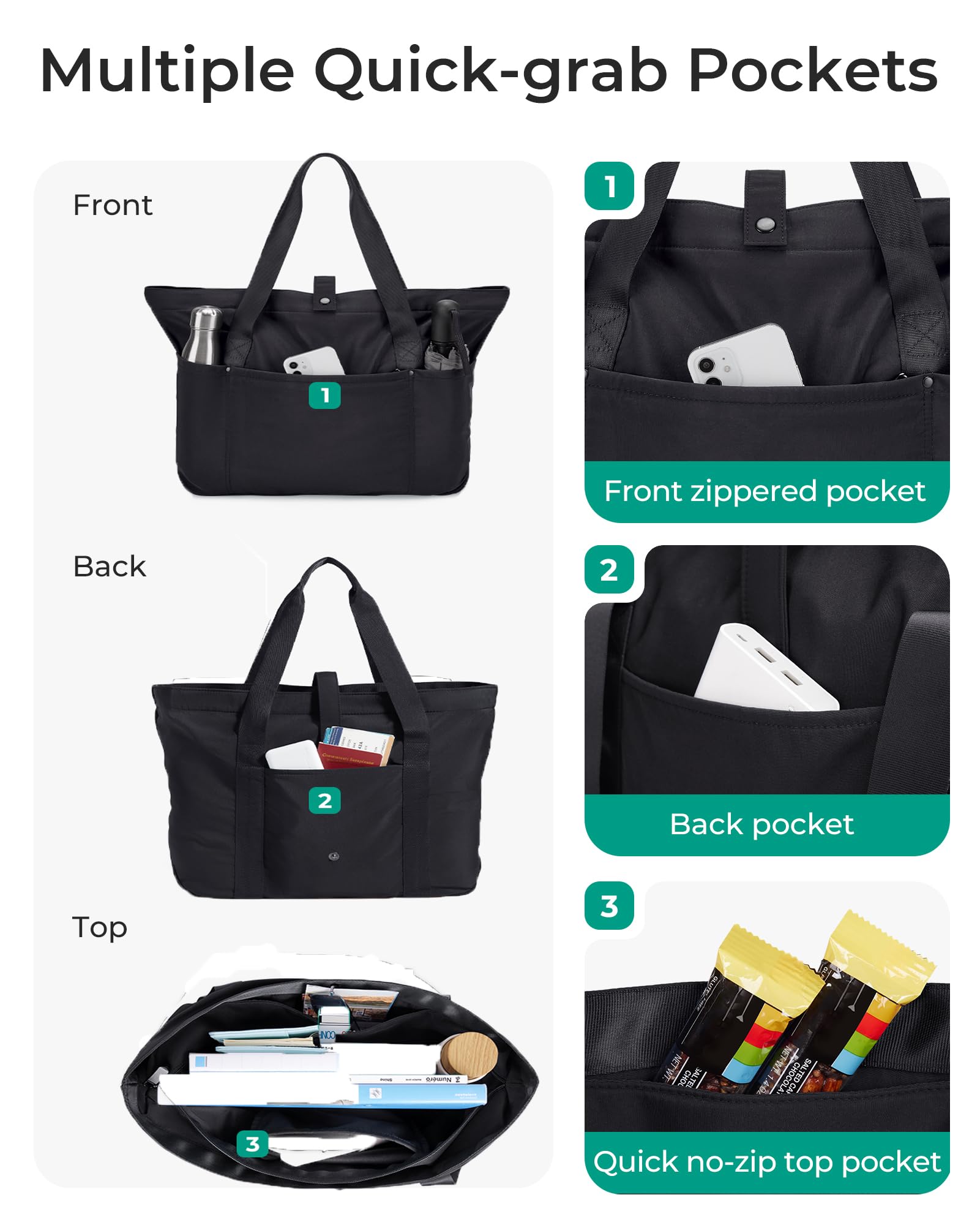 BAGSMART Foldable Tote Bag for Women – Large Lightweight Shoulder & Travel Handbag with Zipper (Black)