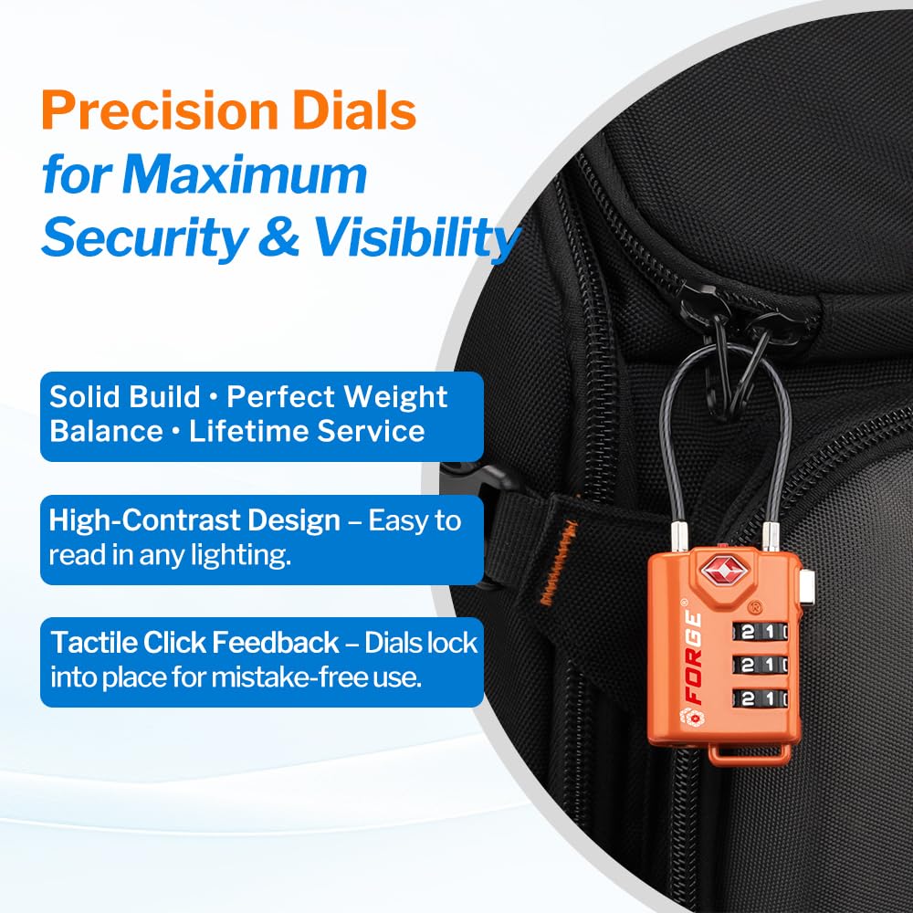 TSA-Approved Cable Luggage Locks (4-Pack) – Resettable 3-Digit Combination, Heavy-Duty Alloy Body (Orange)