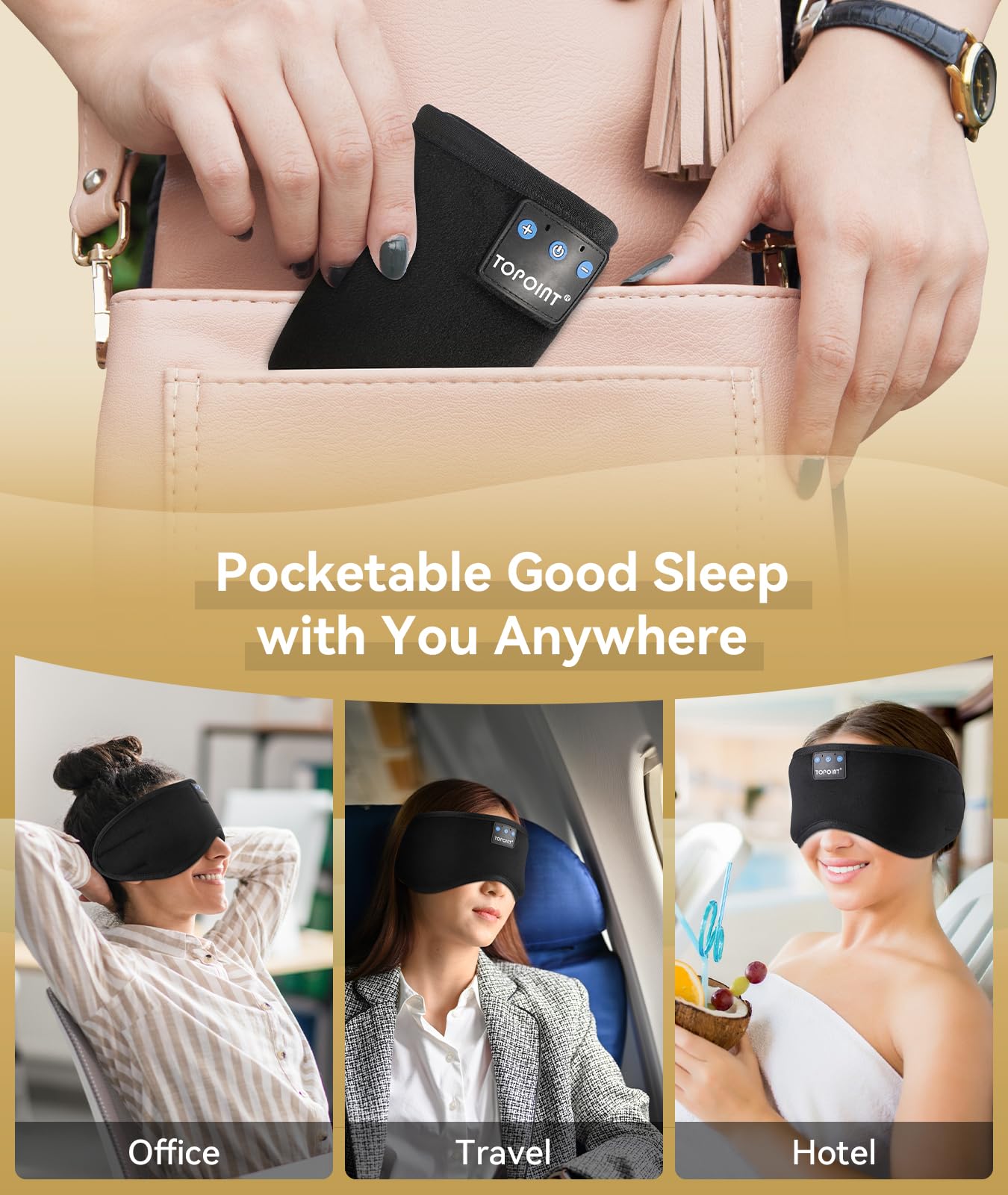 Bluetooth Sleep Mask Headphones with Light Blocking Design & 15H Battery – Soft Cotton Night Eye Mask Black