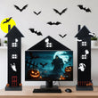 Halloween Office Cubicle Decor Set – Wooden Haunted House Desktop Decorations with Bat Stickers (Black)