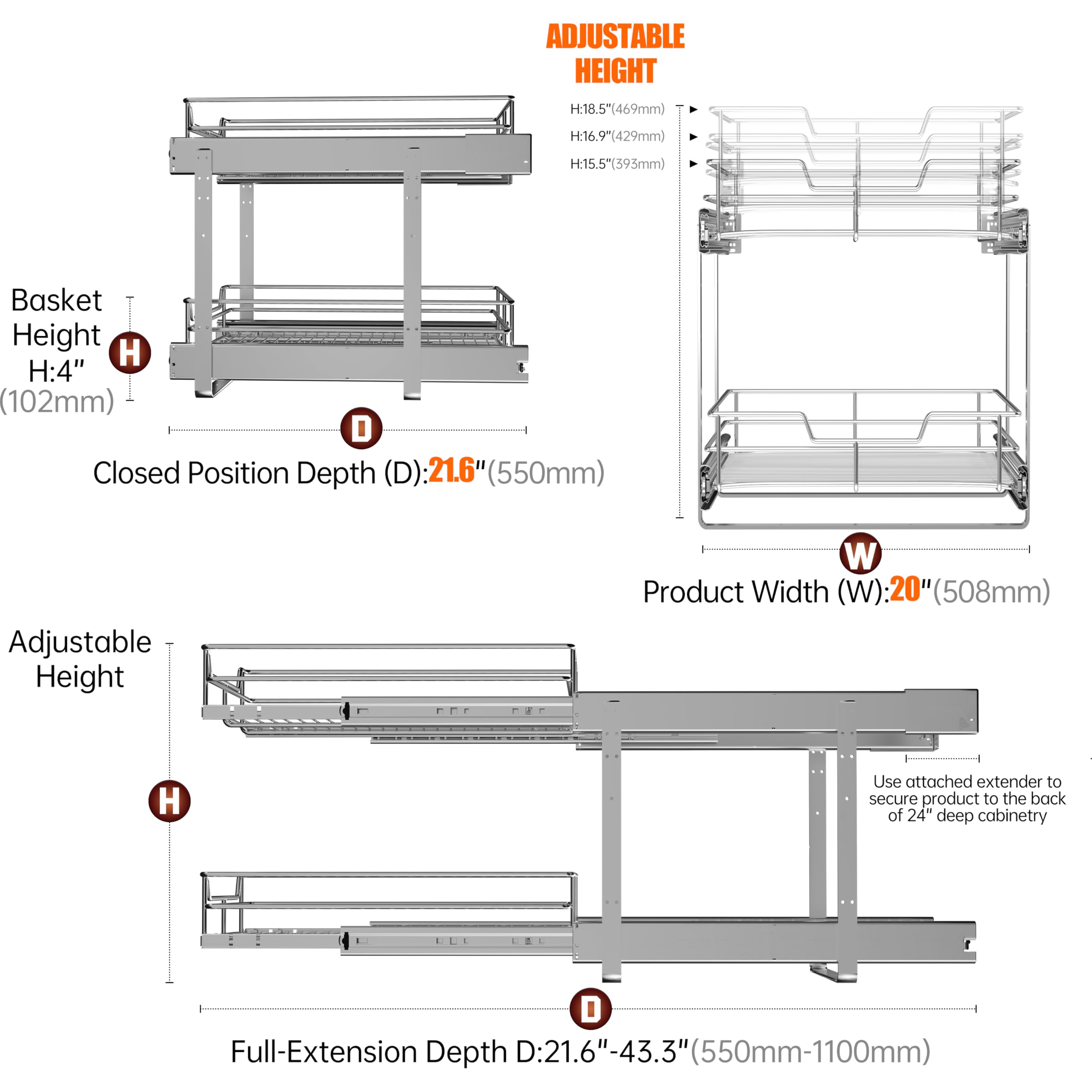 Jowboow 2-Tier Metal Pull-Out Cabinet Shelves – Adjustable Heavy-Duty Slide-Out Organizer for Deep Cabinets