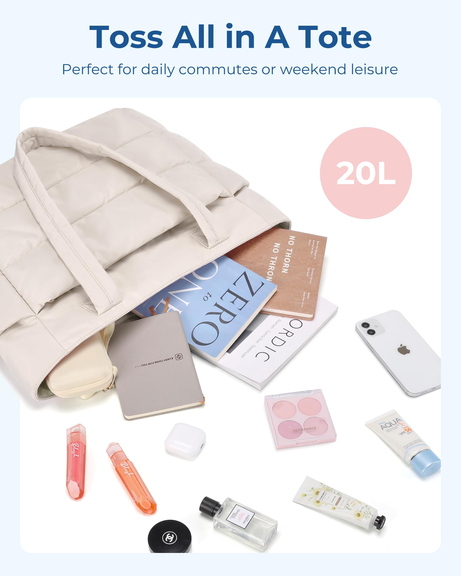 BAGSMART Lightweight Puffy Tote Bag for Women – Quilted Shoulder Handbag with Compartments for Work, Travel & Gym (Beige)