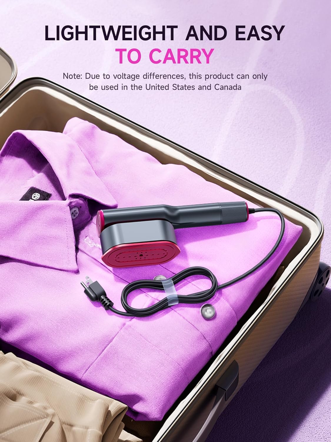 DRFLASH Rose Red 2-in-1 Professional Handheld Garment Steamer 1200W Foldable Travel Steam Iron with 7 Fabric Modes