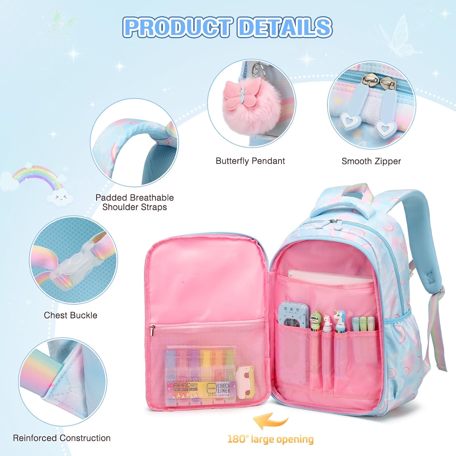 Rainbow Butterfly Backpack for Girls with Lunch Bag & Pencil Case Set, Kids School Backpack for Kindergarten, Elementary & Middle School Students