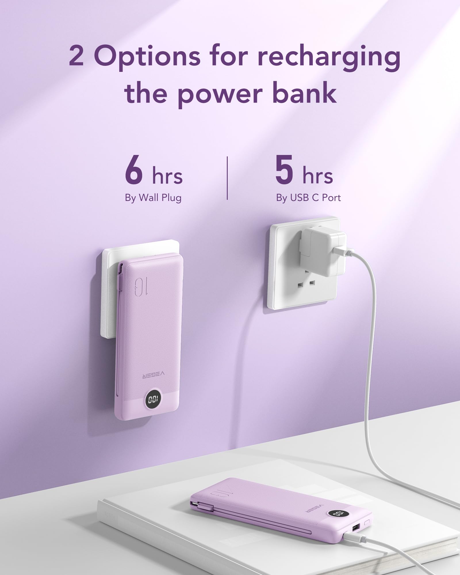 VEGER 10000mAh Power Bank with Built-in Wall Plug & Charging Cables – Slim Portable Charger for iPhone, Samsung & USB Devices