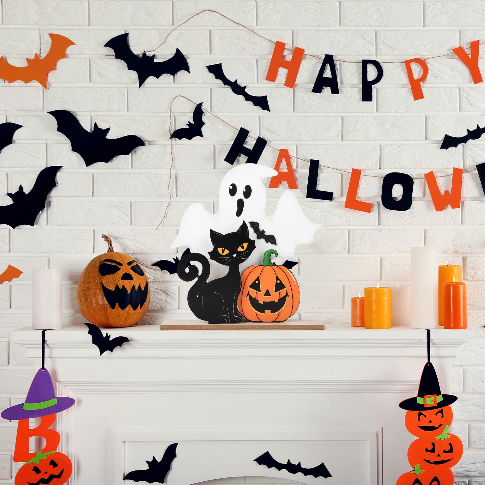 Rustic Wooden Halloween Decor Set – White Ghost, Black Cat & Plaid Pumpkin Tabletop Signs (3-Pack)