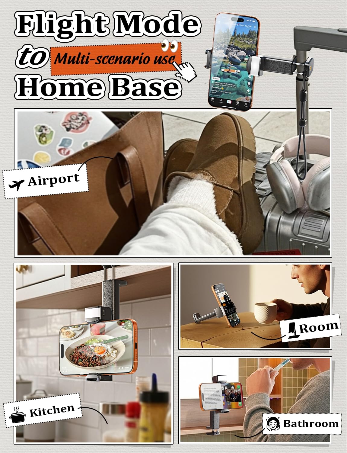 LISEN Airplane Phone Holder Stand with Adjustable Light & Universal Clip – Pocket Size Travel Phone Mount Black