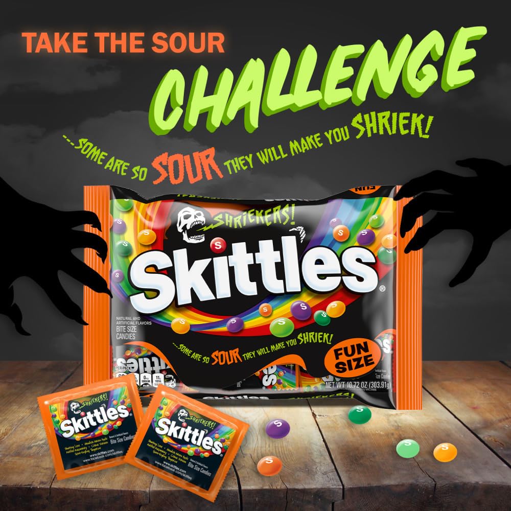 SKITTLES Shriekers Sour Halloween Candy – 10.72oz Bag of Fun Size Fruity & Super Sour Chewy Candies 🍬👻🎃