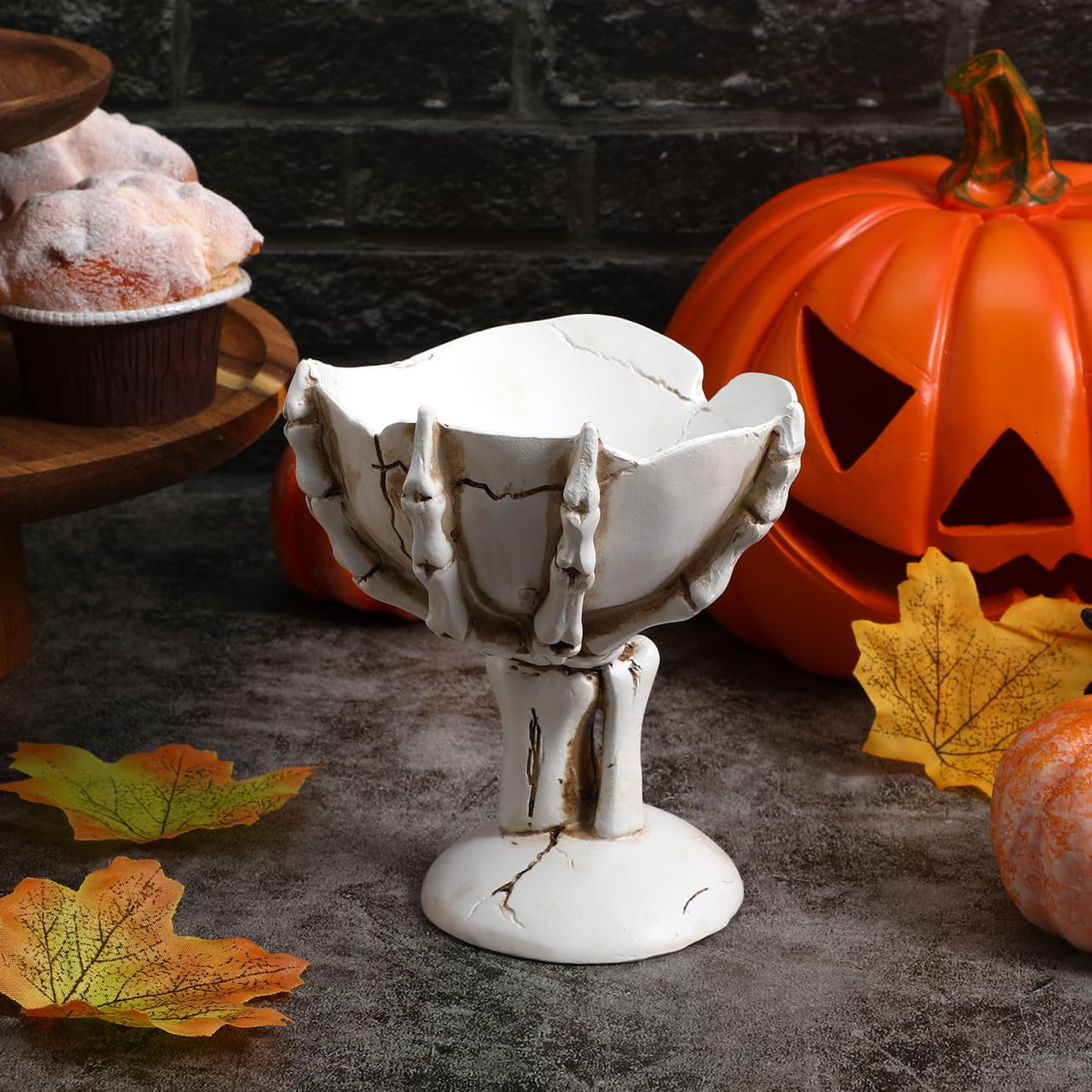 Skeleton Hand Halloween Candy Bowl – Skull Treat & Snack Holder Decoration (White)