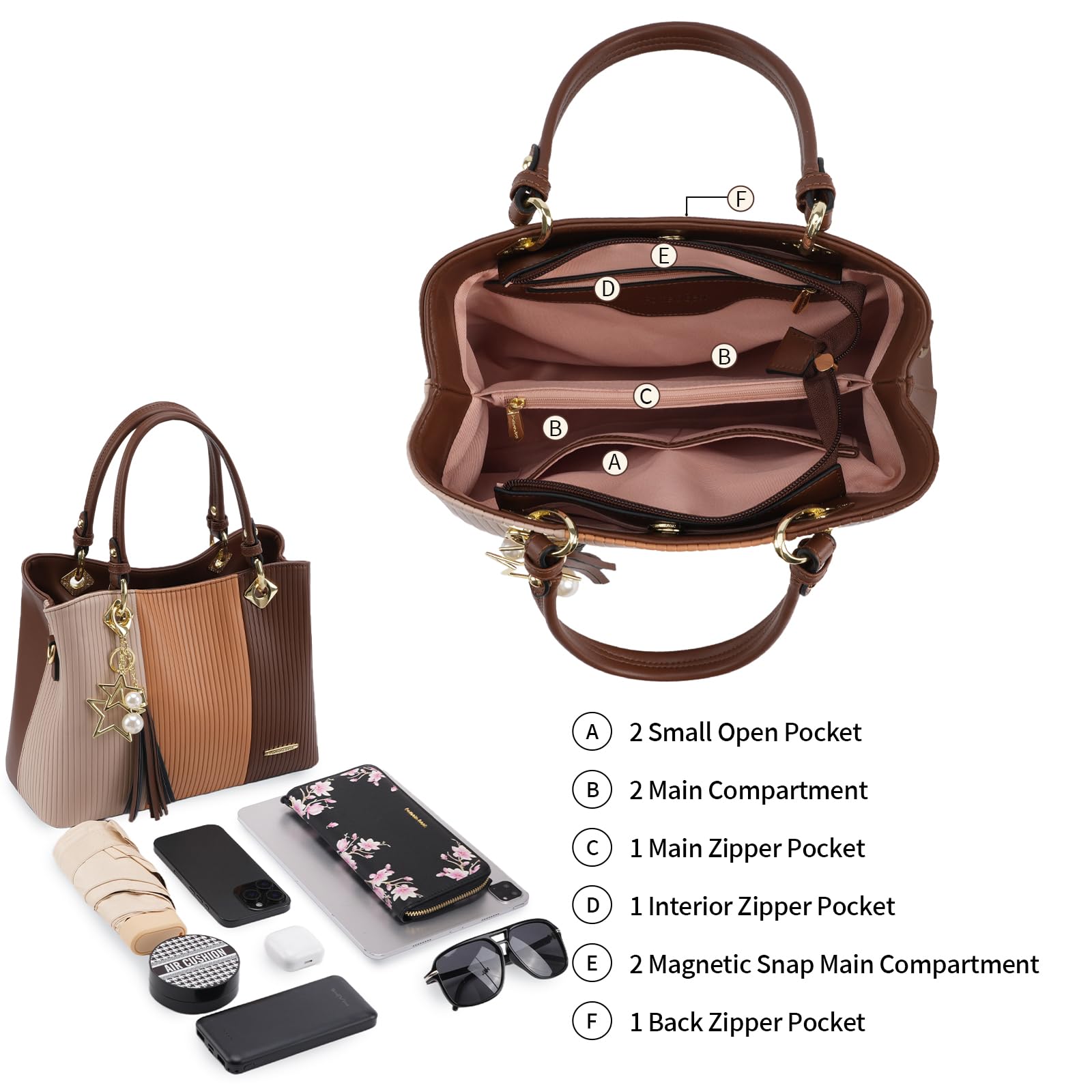 Pomelo Best Women’s Color Block Satchel Handbag – PU Leather Top Handle Tote with Multiple Pockets & Crossbody Strap (Brown Combination)