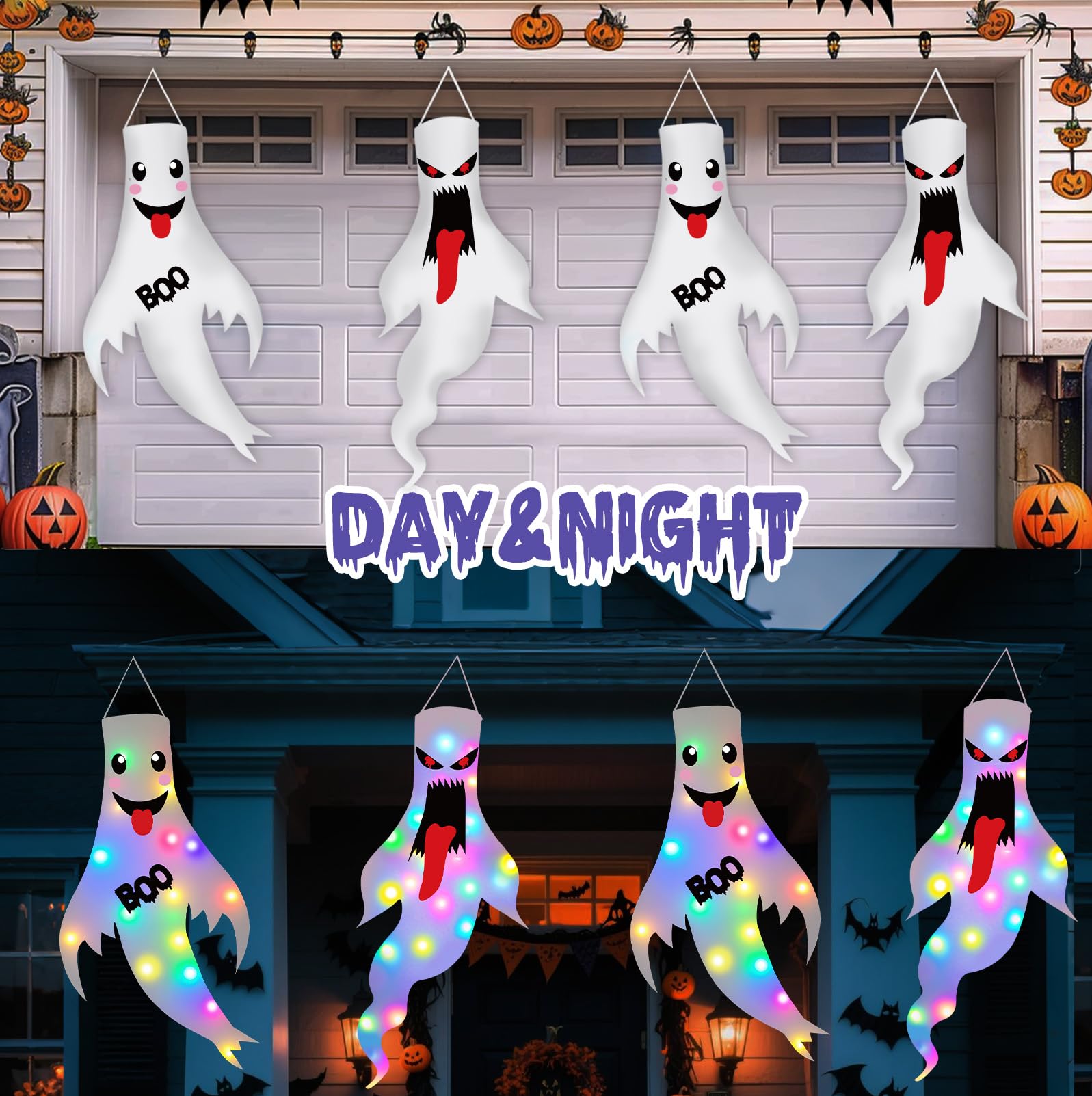 2-Pack Light-Up Hanging Ghosts – Large Outdoor Halloween Decorations with LED Lights (47 Inches, 1A-2Pack)