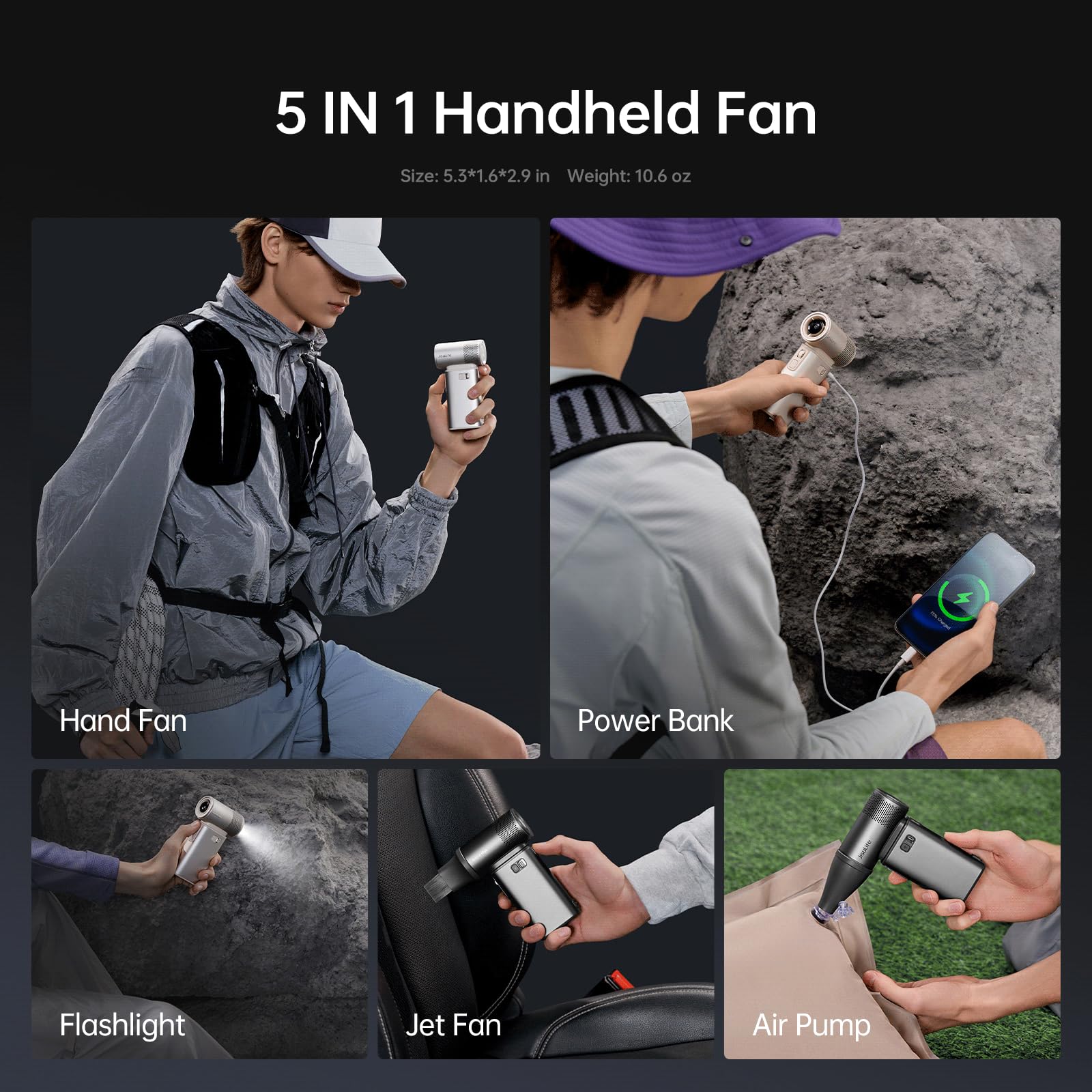 JISULIFE Ultra2 Handheld Turbo Fan – 9000mAh 5-in-1 Personal Fan with 100 Speeds, Power Bank & Flashlight (Grey)