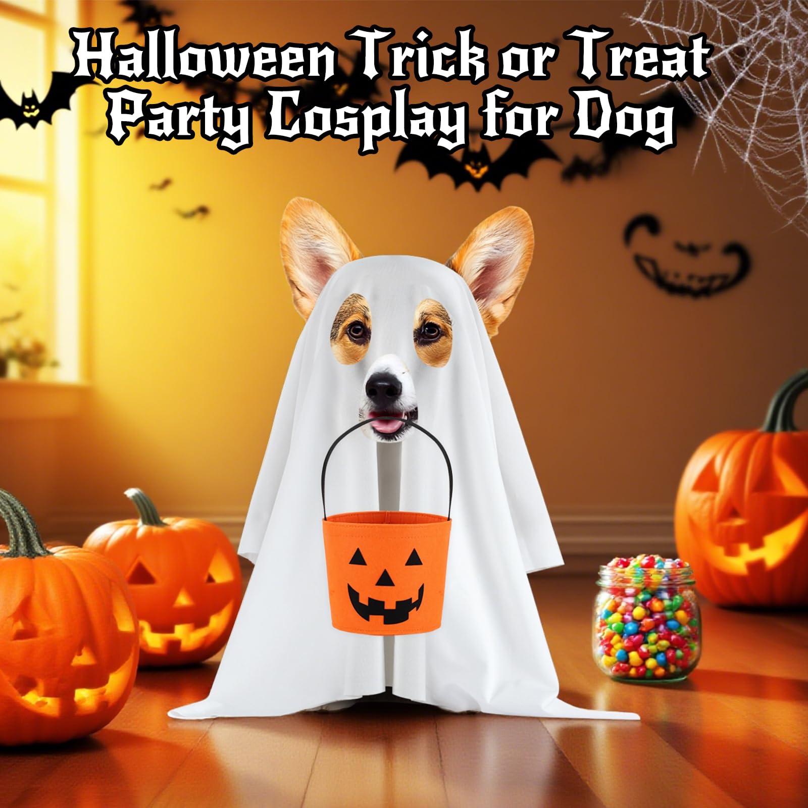 White Dog Ghost Costume – Soft Halloween Pet Outfit for Small Dogs & Cats (Model CWGHZB001)