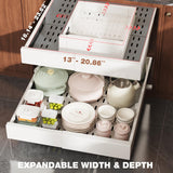 Expandable Pull-Out Cabinet Organizer – Adjustable Width & Depth Slide-Out Drawer with Raising Pads (White, 2-Pack)