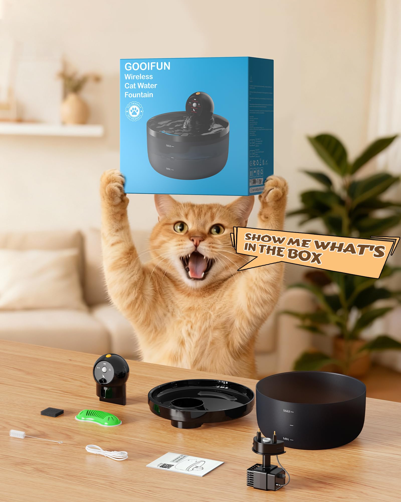 GOOIFUN Wireless Cat Water Fountain 2.6L with Motion Sensor, Cordless Battery Operation & Ultra Quiet Filtration System – Black