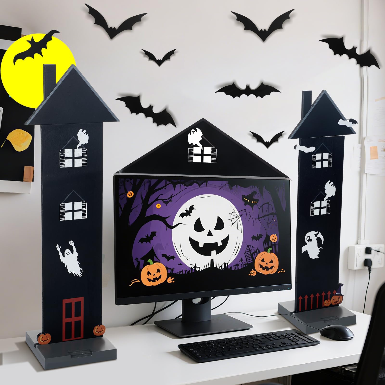 Halloween Office Cubicle Decor Set – Wooden Haunted House Desktop Decorations with Bat Stickers (Black)