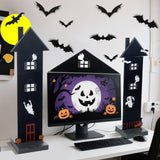 Halloween Office Cubicle Decor Set – Wooden Haunted House Desktop Decorations with Bat Stickers (Black)