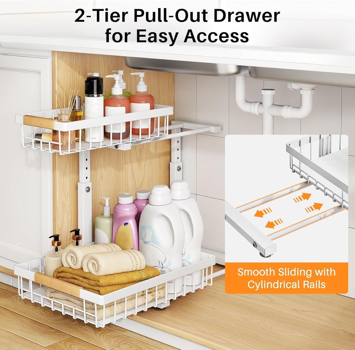 PXRACK Under Sink Organizer 2-Pack – Adjustable Height 2-Tier Pull-Out C-Shape Cabinet Storage for Kitchen & Bathroom