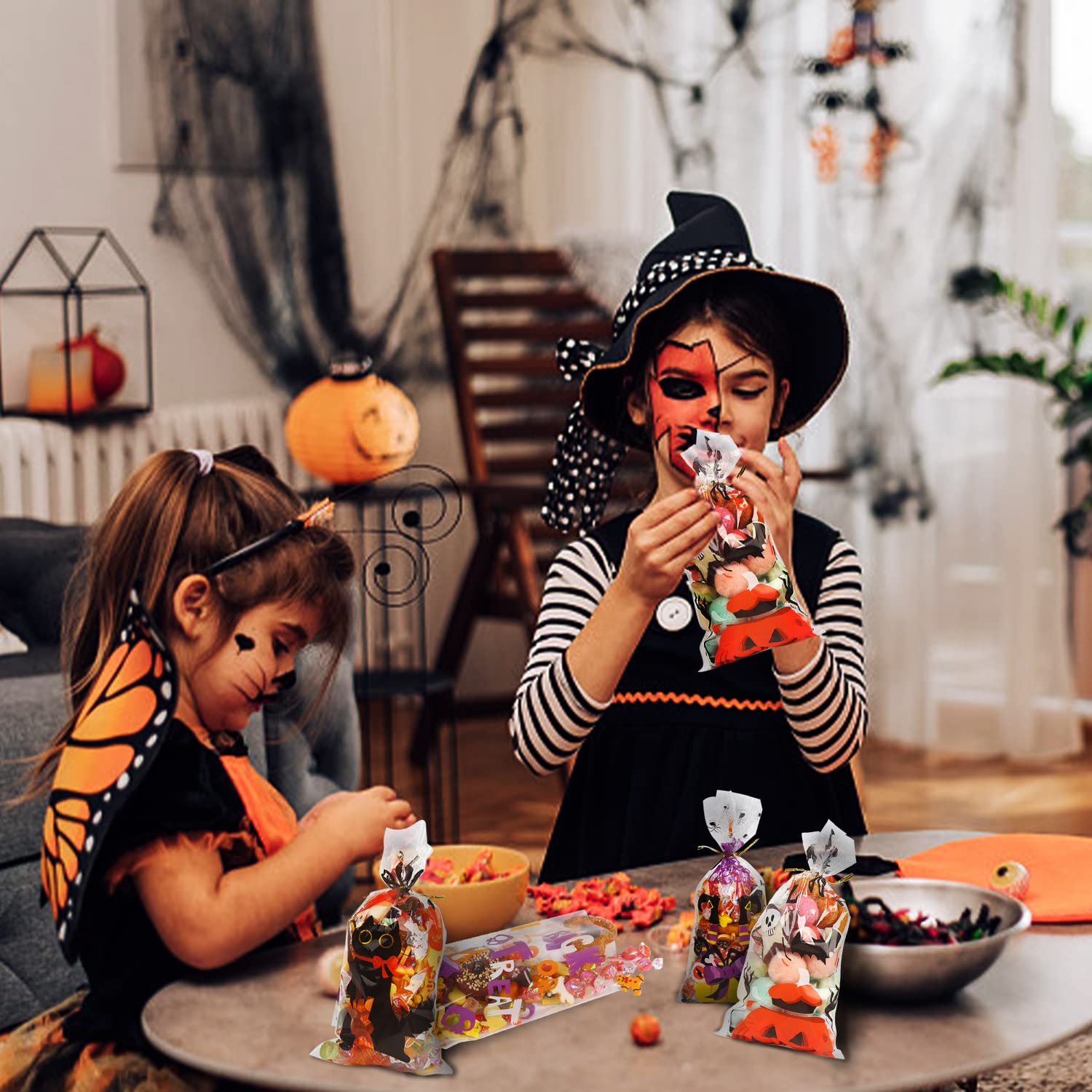 Halloween Treat Bags Set – 200 Cellophane Candy Bags with 240 Twist Ties (4 Festive Designs)