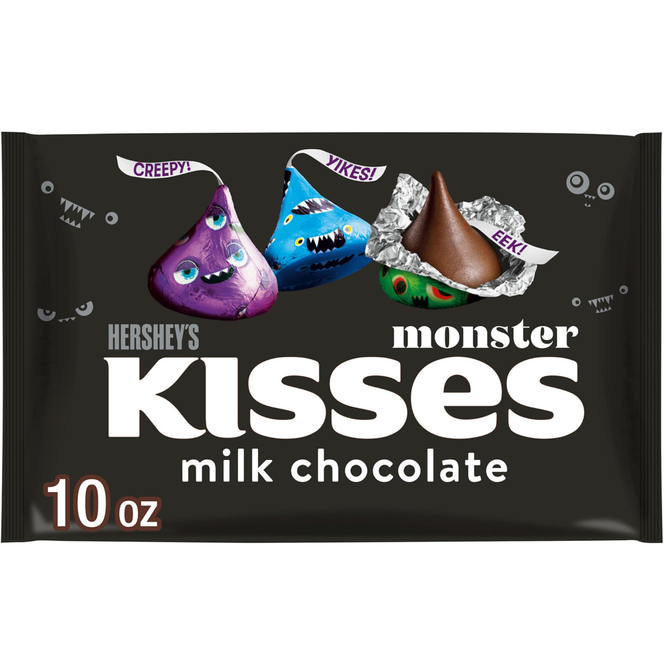 HERSHEY’S KISSES Monster Milk Chocolate Candy – 10 oz Bag, Halloween Edition (Green, Purple & Blue Foils)