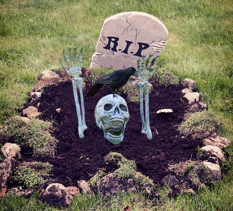 Realistic Skull and Bone Set – Creepy Skeleton Graveyard Halloween Yard Decoration (Gray, 3-Piece Set)