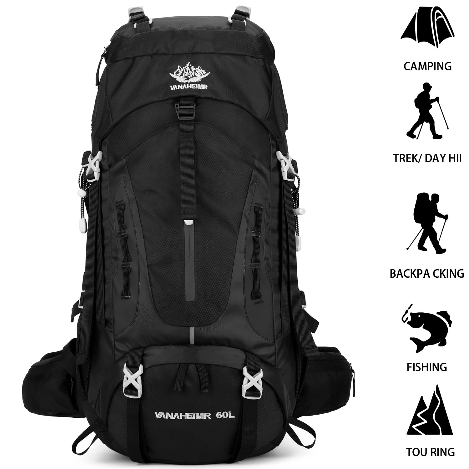 ESUP 50L Lightweight Camping & Hiking Backpack with Rain Cover – Multi-Day Outdoor Travel Backpack – Deep Black