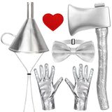Tin Man Costume Accessory Set – Silver Funnel Hat, Axe, Gloves & Heart Patch 🌪️❤️✨